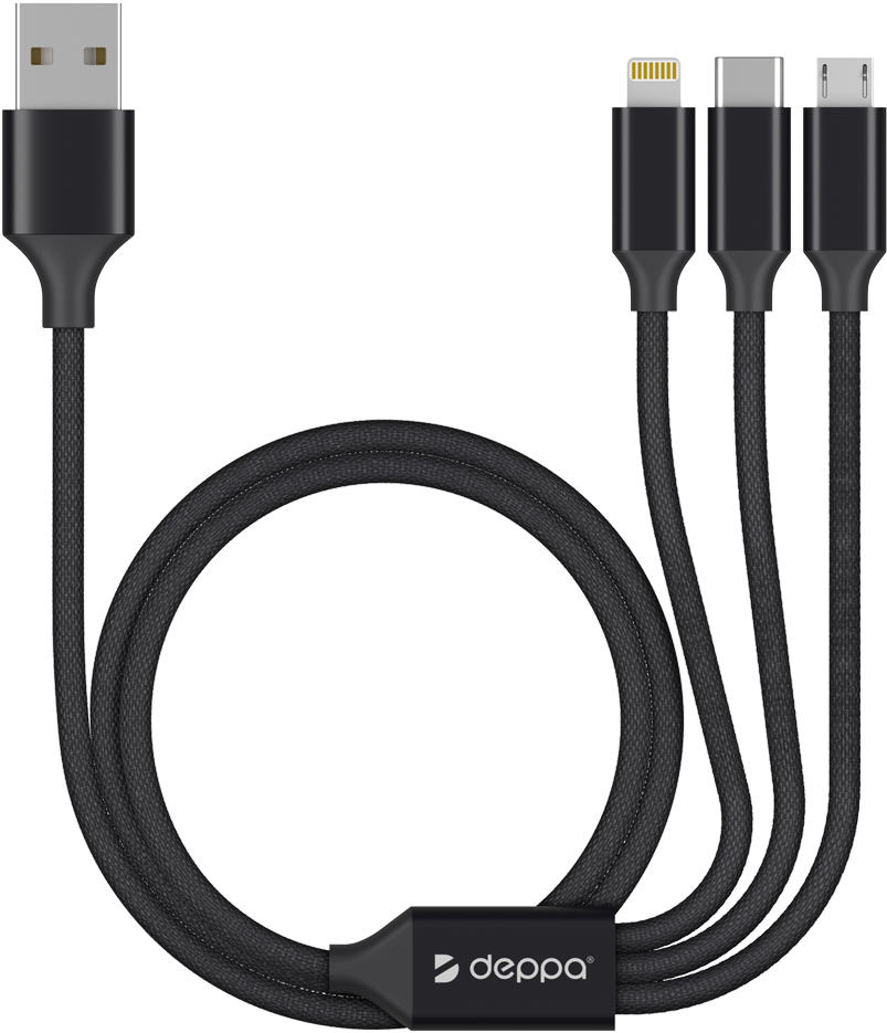 Дата-кабель Deppa 72299 3 в 1 microUSB-USB-C-Lightning 1,2м алюминиевый Black 0307-0758 - фото 1
