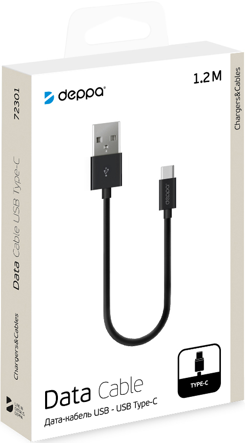 Дата-кабель Deppa USB А-Type С 1,2м 2.4А Black 0307-0702 - фото 2
