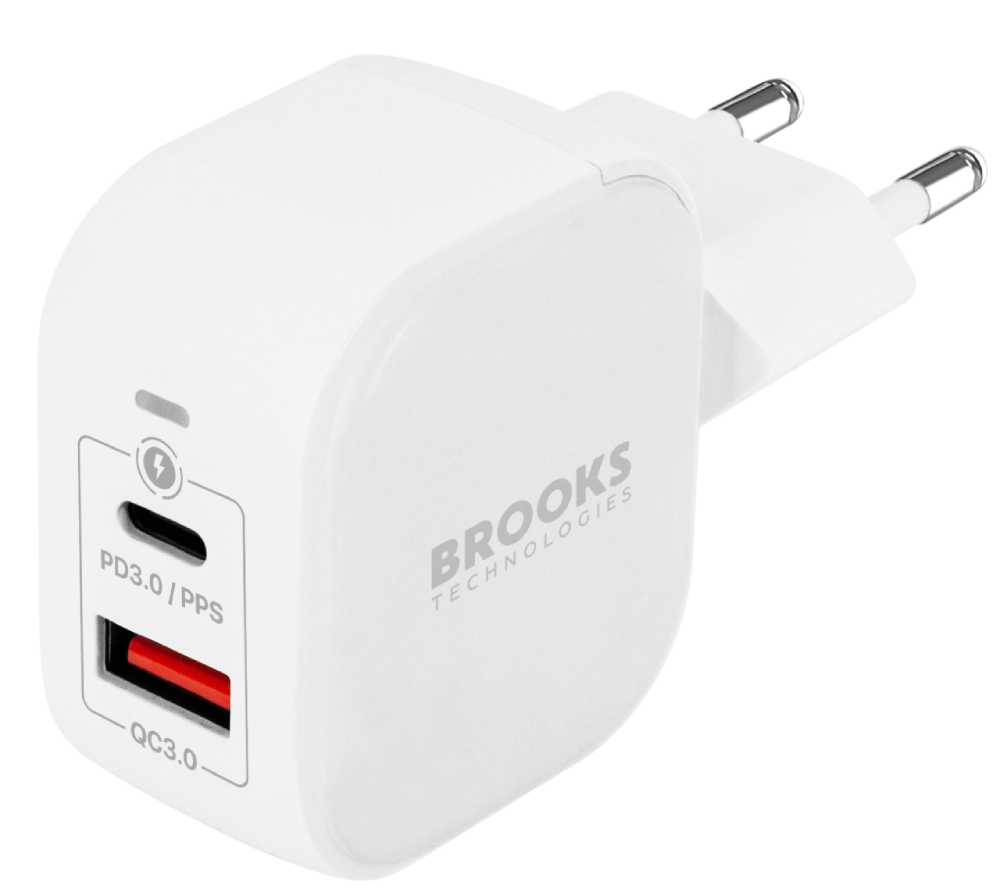 

СЗУ BROOKS Technologies, 25W GaN Dual Wall Quick Charger USB-A+USB-C Белое