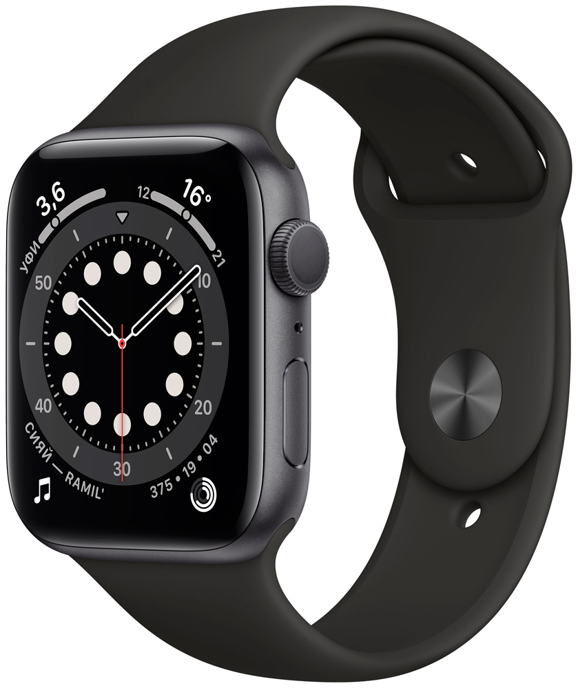 Часы Apple Watch Series 6 GPS 44мм корпус из алюминия серый космос + ремешок черный (M00H3RU/A) 0200-2188 M00H3RU/A Watch Series 6 GPS 44мм корпус из алюминия серый космос + ремешок черный (M00H3RU/A) - фото 1