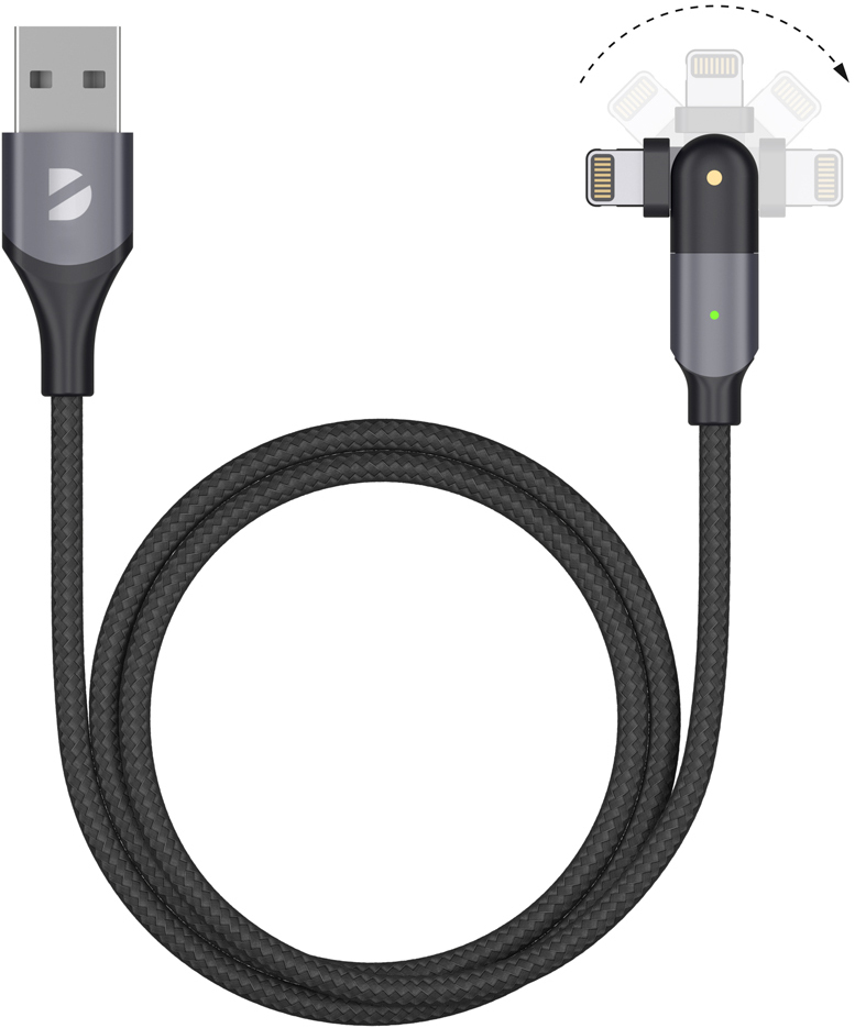 Дата-кабель Deppa 72326 USB-Lightning повротный 2,4А 1,2м алюминий оплетка нейлон черный 0307-0761 - фото 1