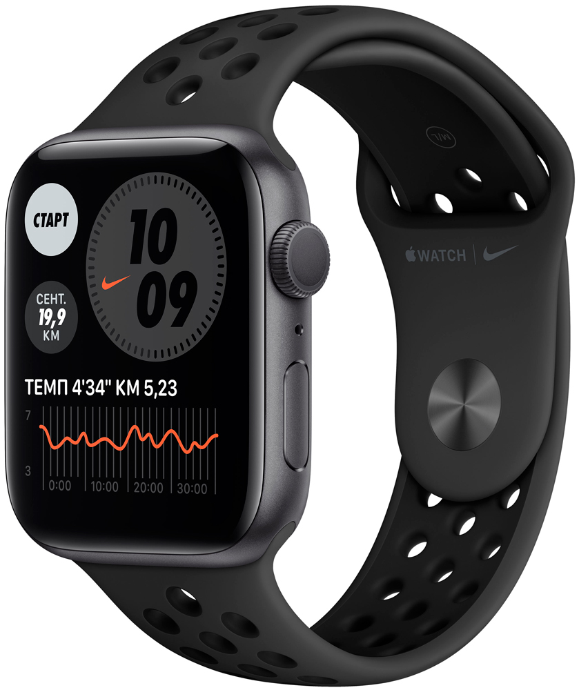 

Часы Apple, Watch Nike Series 6 GPS 44мм корпус из алюминия серый космос + ремешок черный (MG173RU/A)