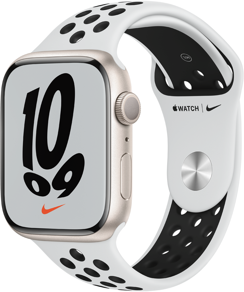 

Часы Apple, Watch Nike Series 7 GPS 45мм корпус из алюминия Сияющая звезда + ремешок Серый (MKNC3RU/A)