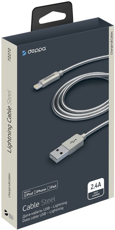 Дата-кабель Deppa Steel Lightning Apple MFI 1.2м металлическая оплетка 0307-0378 - фото 2