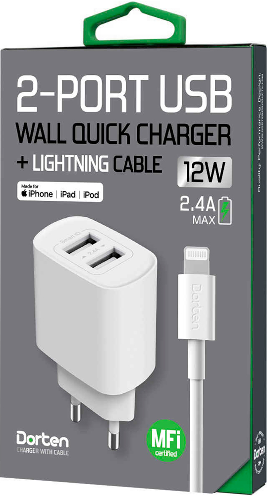 СЗУ Dorten 2USB + дата-кабель Lightning MFI 2.4A White набор сетевое зарядное устройство lightning mfi devia smart charger suit white кабель 10w 5v 2 1a