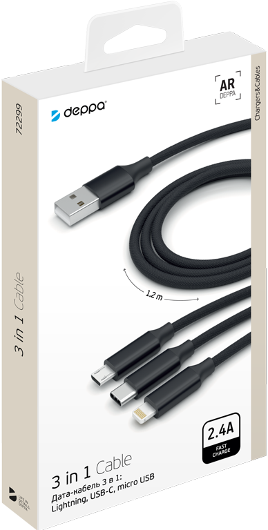 Дата-кабель Deppa 72299 3 в 1 microUSB-USB-C-Lightning 1,2м алюминиевый Black 0307-0758 - фото 4