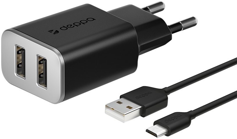 СЗУ Deppa 2USB 2.4А+дата-кабель USB-microUSB black