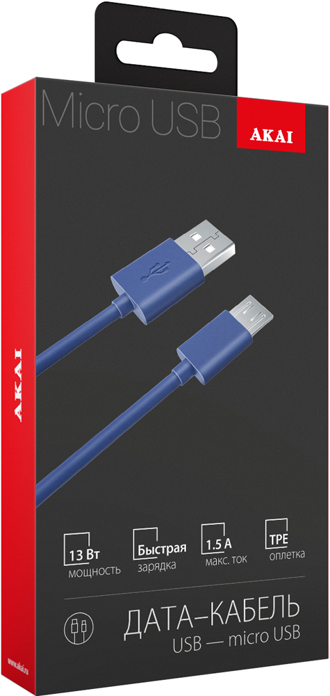 Дата-кабель Akai CE-453BL USB-microUSB 1м 1.5А Blue 0307-0725 - фото 2