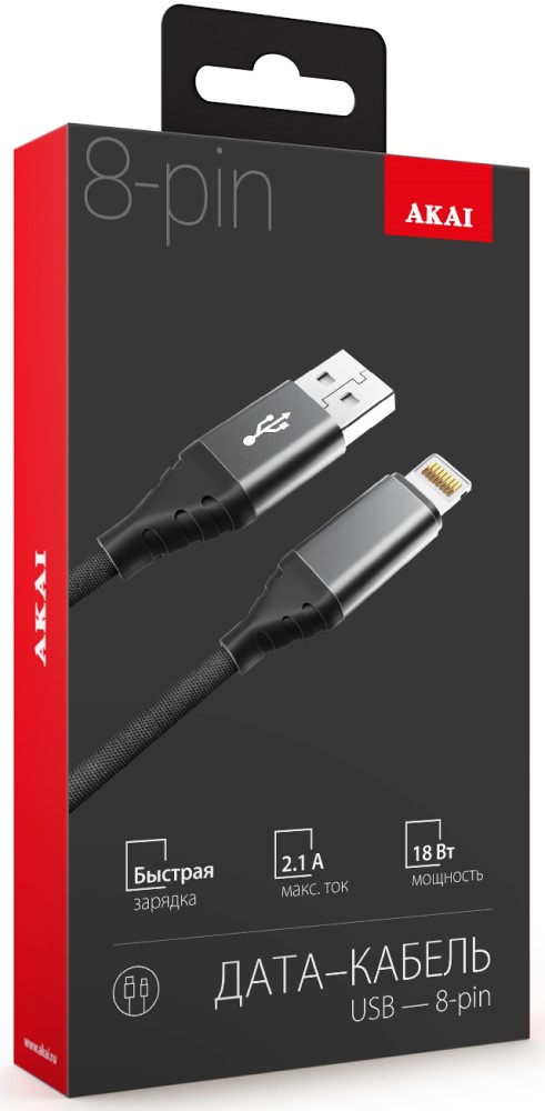 Дата-кабель Akai CE-610 USB-A-Lightning оплетка текстиль Black 0307-0734 - фото 2