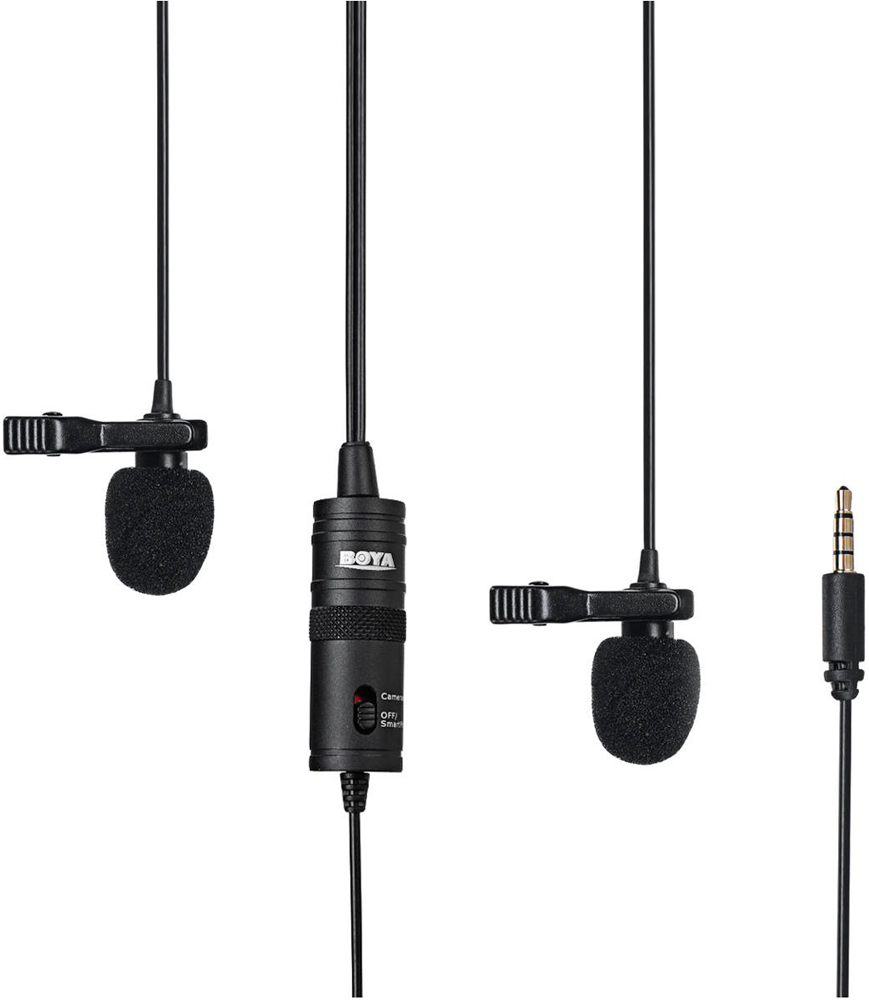 Микрофон Boya BY-M1DM со стерео разъемом двойной петличный универсальный Black микрофон boya by m4c профессиональный кардиоидный петличный микрофон с xlr 3 pin разъёмом