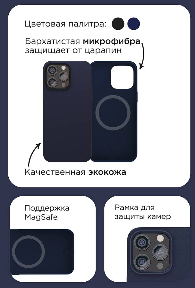 Чехол-накладка VLP Ecopelle Case с MagSafe для iPhone 15 Pro Max Темно-синий 0314-0149 - фото 5