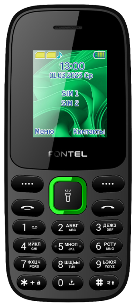 

Мобильный телефон Fontel, FP200 DS Черно-зеленый