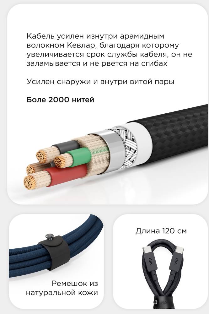 Дата-кабель VLP Nylon Cable USB-C-USB-C 60W 1.2 м Темно-синий 0307-0838 - фото 4