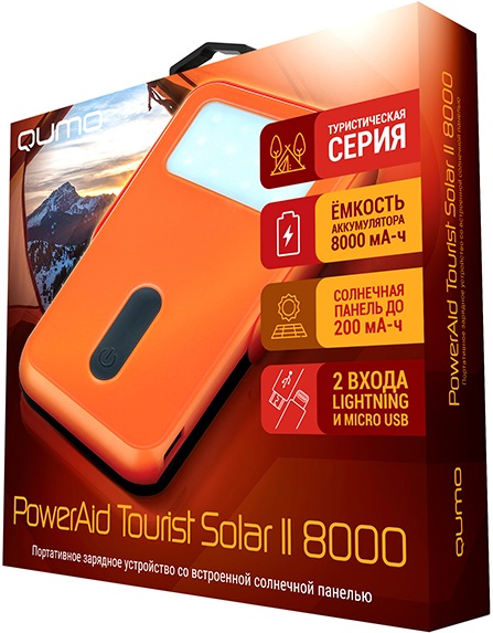 Внешний аккумулятор Qumo PowerAid Tourist Solar 2 8000 mAh Orange 0301-0697 - фото 2