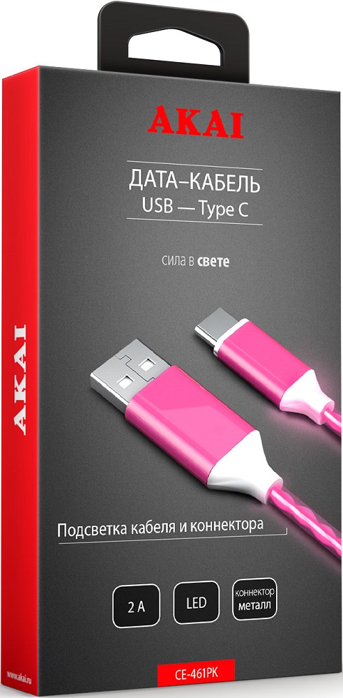 Дата-кабель Akai CE-461PK LED USB-Type-C 1м Pink 0307-0565 - фото 2