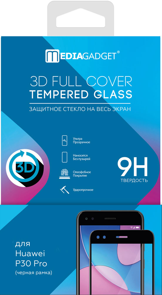 

Стекло защитное MediaGadget, Huawei P30 Pro 3D Full Glue черная рамка