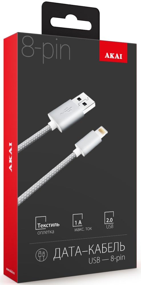 Дата-кабель Akai CE-608 USB-A 8-pin 1A текстиль White 0307-0731 - фото 2