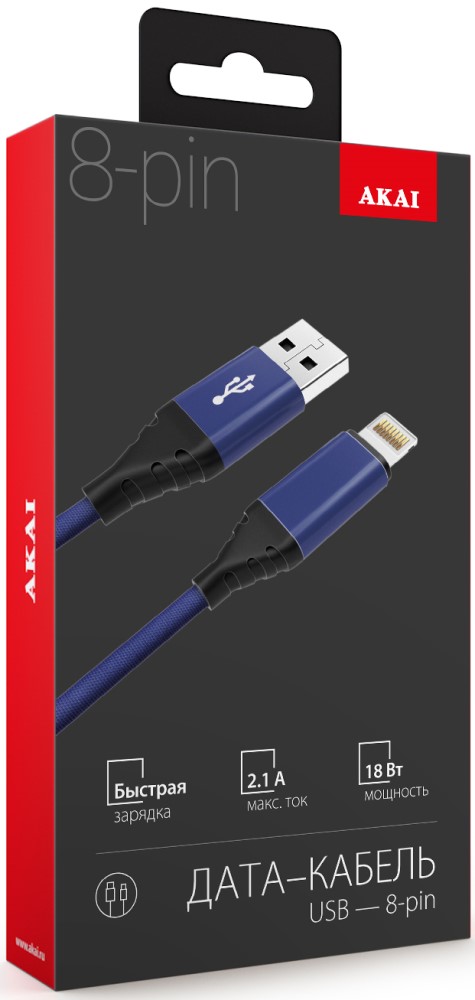 Дата-кабель Akai CE-610 USB-A-Lightning оплетка текстиль Blue 0307-0736 - фото 2