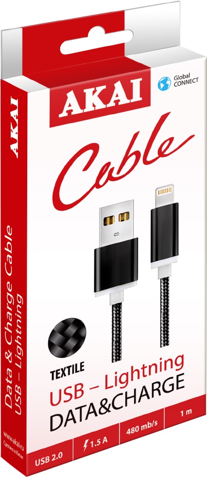 Дата-кабель Akai CE-604B USB 2.0 - 8-pin Apple Lighting Black 0307-0211 С разъемом Lightning - фото 2