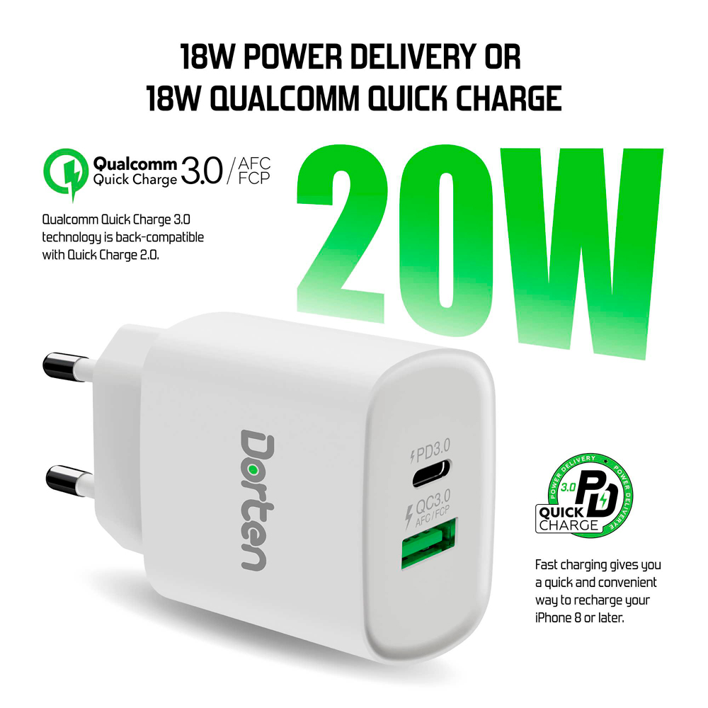 СЗУ Dorten 2USB с поддержкой Power Delivery/QC3.0 20W White 0303-0627 2USB с поддержкой Power Delivery/QC3.0 20W White - фото 4