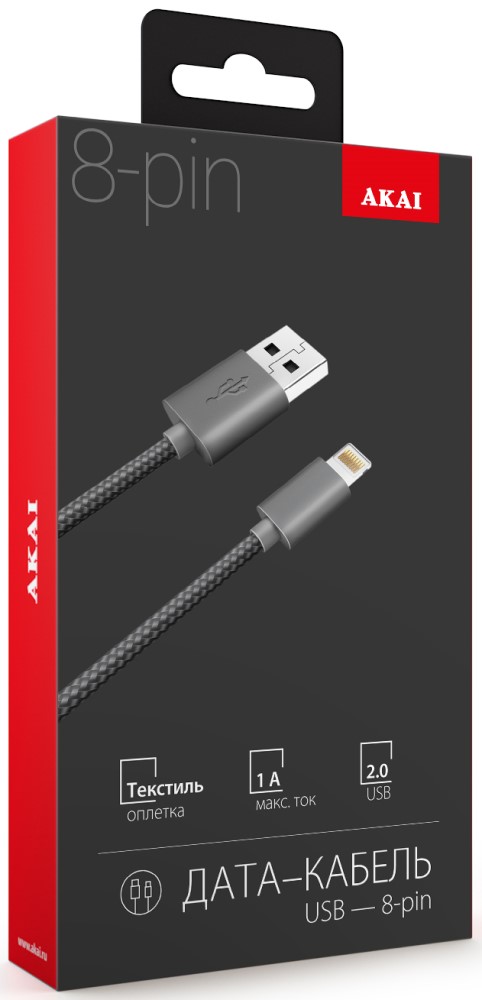 Дата-кабель Akai CE-608 USB-A 8-pin 1A текстиль Black 0307-0732 - фото 2